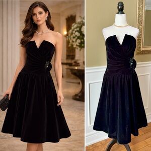 Black Velvet Strapless Dress, Size 6
